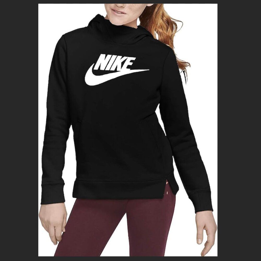 Nike Girls NSW Pullover Hoodie (Black/White, Medium) BV2717-010